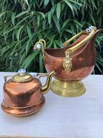 Antieke rood koperen theepot en grote kolenkit set, Ophalen of Verzenden