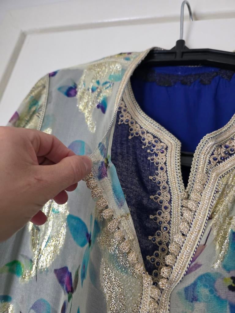 Elegante Marokkaanse Kaftan met Bloemmotief en Goud, Kleding | Dames, Gelegenheidskleding, Overige typen, Blauw, Maat 42/44 (L)