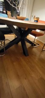 Robuuste ronde eettafel, 140cm, metalen poot, 2-delig blad, Rond, Ophalen of Verzenden, Zo goed als nieuw, 100 tot 150 cm