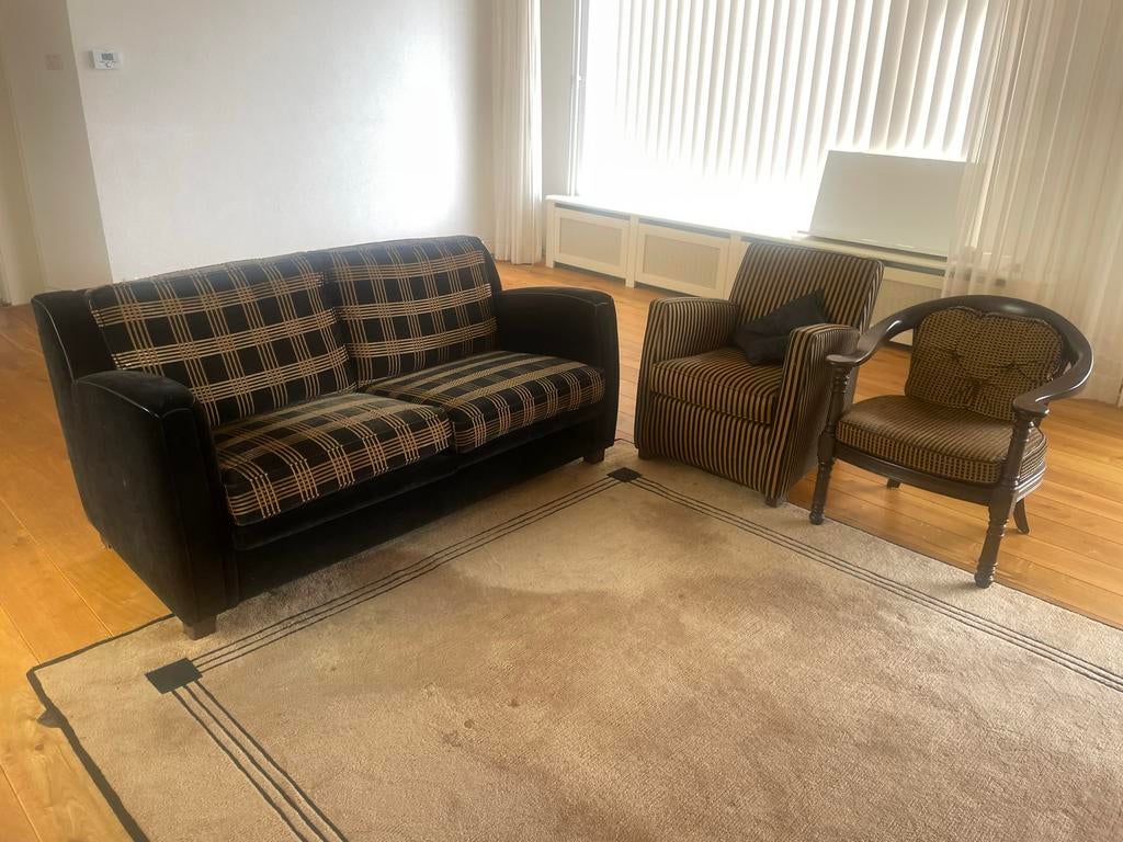 Stijlvolle bank met 2 bijpassende stoelen zwart/goud, Ophalen, Gebruikt, 150 tot 200 cm, Tweepersoons