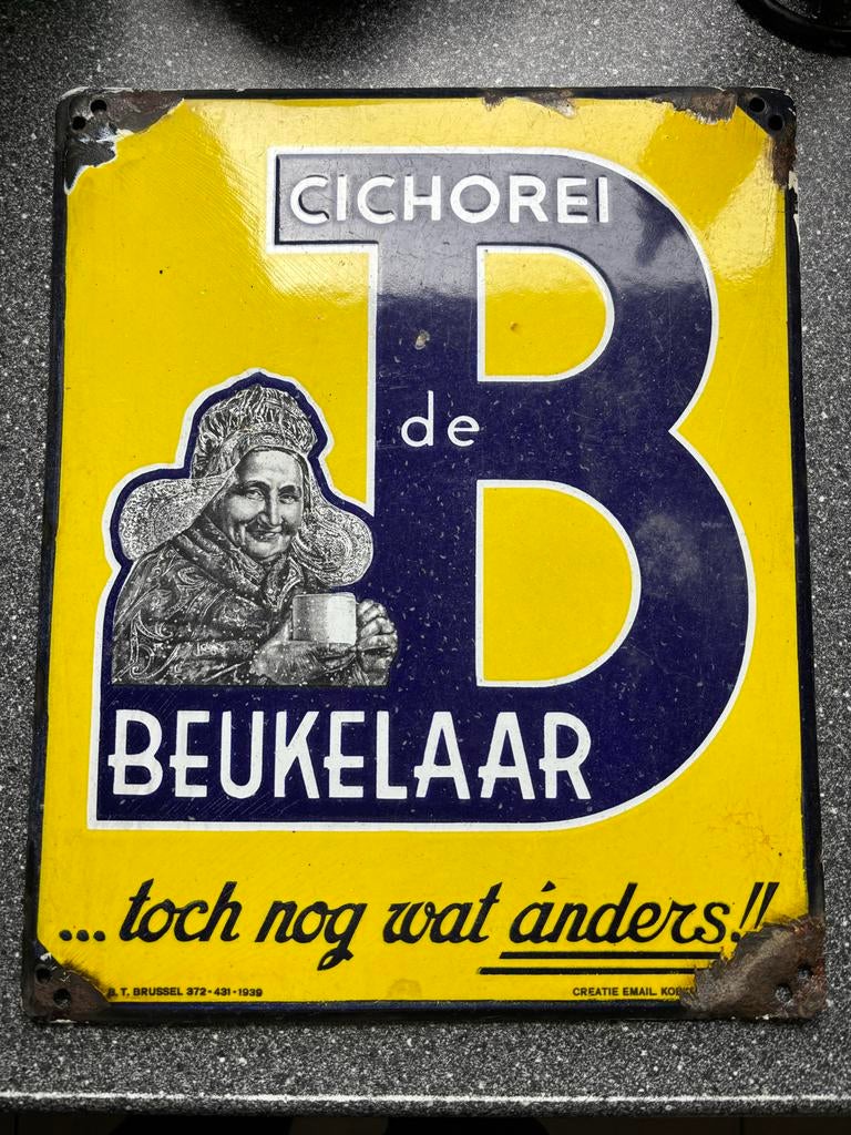 Emaille Reclamebord Cichorei De Beukelaar, Verzamelen, Ophalen, Gebruikt, Reclamebord