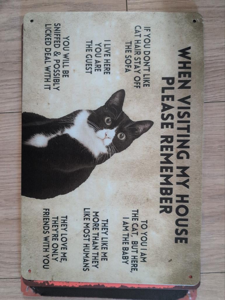 Metalen bord met kattenafbeelding en tekst, Ophalen of Verzenden
