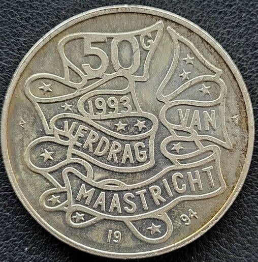 Zilveren 50 Gulden 1993 - Verdrag van Maastricht, Koningin Beatrix, Zilver, Ophalen of Verzenden, Losse munt