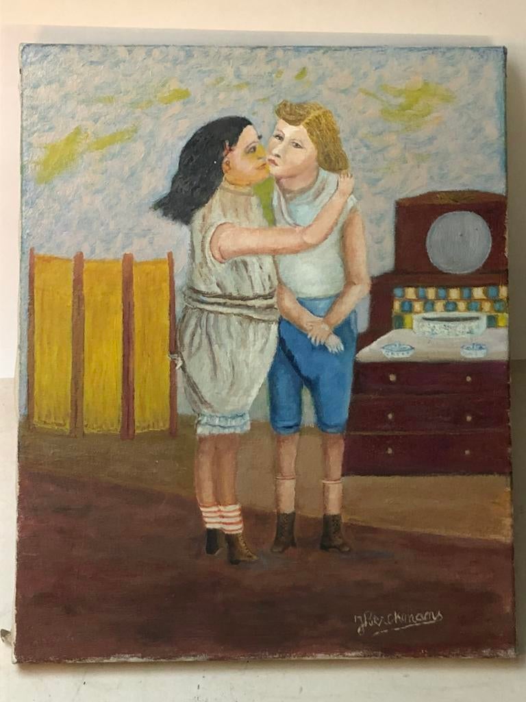 Olieverf schilderij van een intiem moment, Antiek en Kunst, Ophalen of Verzenden