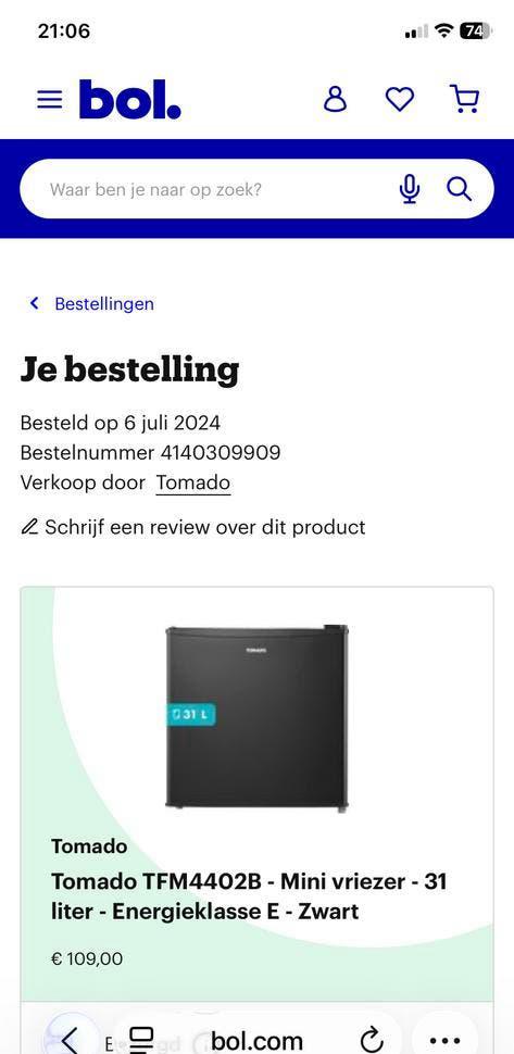 Tomado TFM4402B - Mini vriezer - 31 liter - Zwart, Witgoed en Apparatuur, Koelkasten en IJskasten, Gebruikt, Ophalen of Verzenden