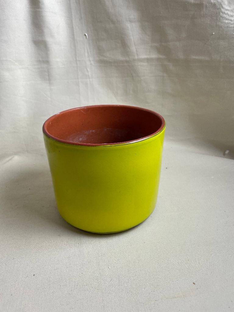 Vintage limekleurige aardewerken bloempot jaren 70, Gebruikt, Rond, Binnen, Ophalen of Verzenden