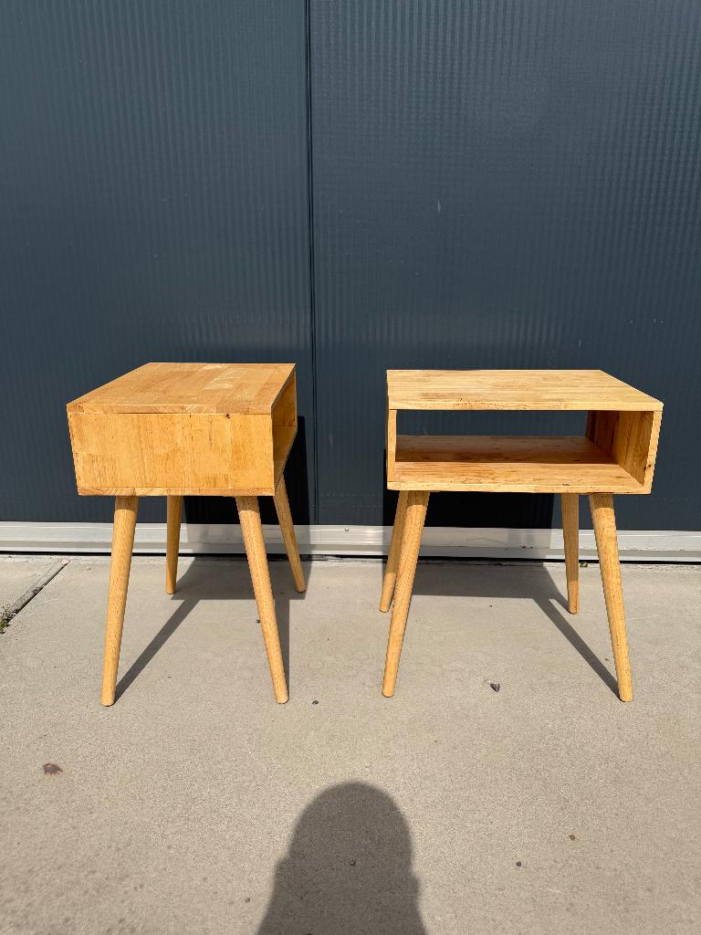 Set Scandinavische nachtkastjes hout mid century stijl, Gebruikt, Minder dan 45 cm, ., Ophalen of Verzenden