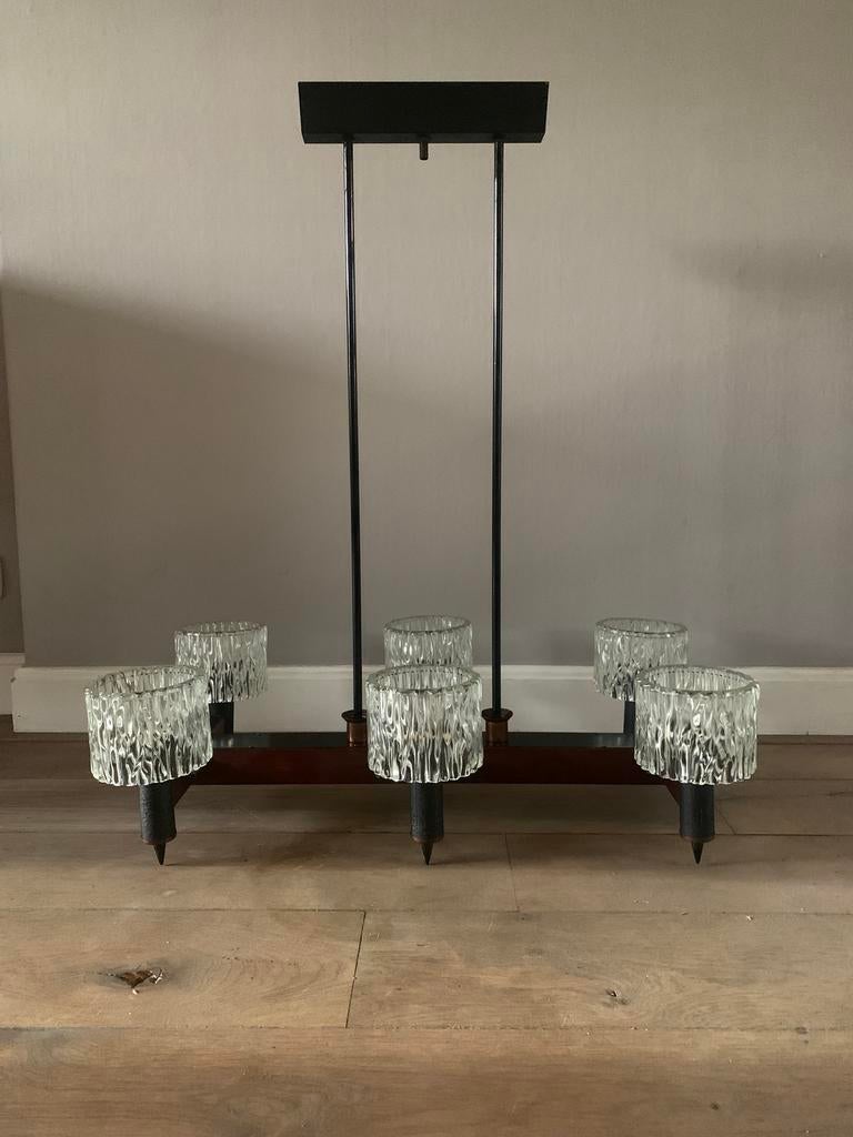 Vintage retro design ijsglas hanglamp origineel jaren 50, Gebruikt, Ophalen of Verzenden, Vintage retro design, Metaal