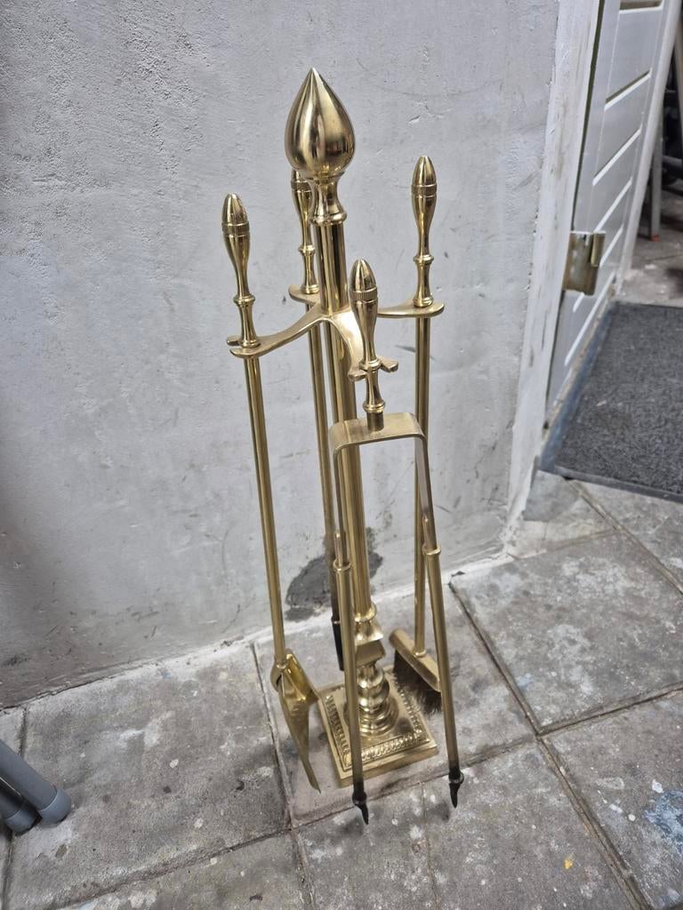 Haardstel haardset houtkachel gereedschap messing goud, Ophalen, Zo goed als nieuw, Vrijstaande haard, Houthaard