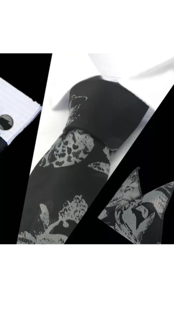 100% zijde Stropdas Pochet Manchetknopen Grijs Zwart -NIEUW-, Ophalen of Verzenden, Nieuw, Zwart, Met patroon