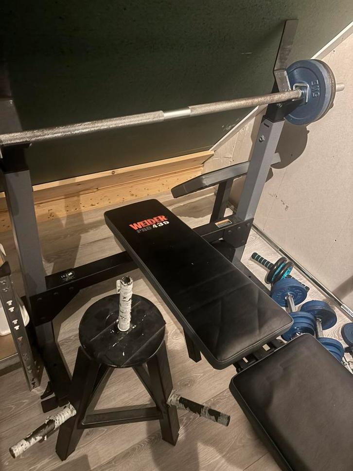 Weider Pro 435 bankdruk set +- 100 kg gewichten bench press, Sport en Fitness, Fitnessapparatuur, Zo goed als nieuw, Krachtstation