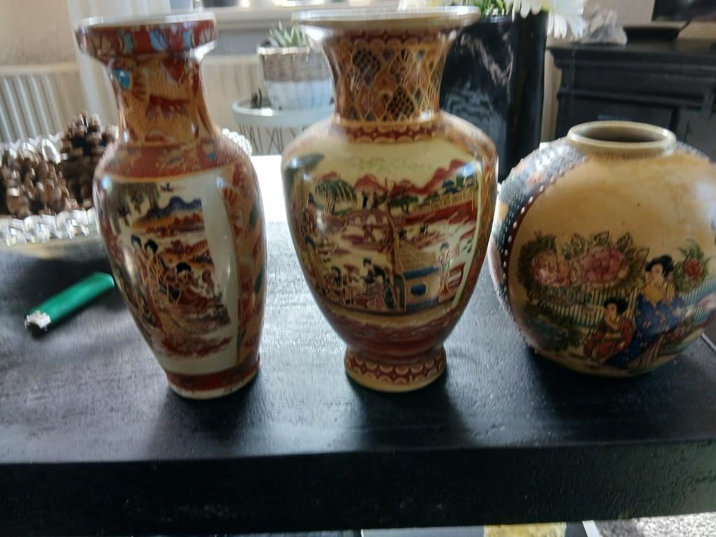 Set van 3 Vintage Aziatische Vazen - Handgeschilderd, Antiek en Kunst, Ophalen of Verzenden
