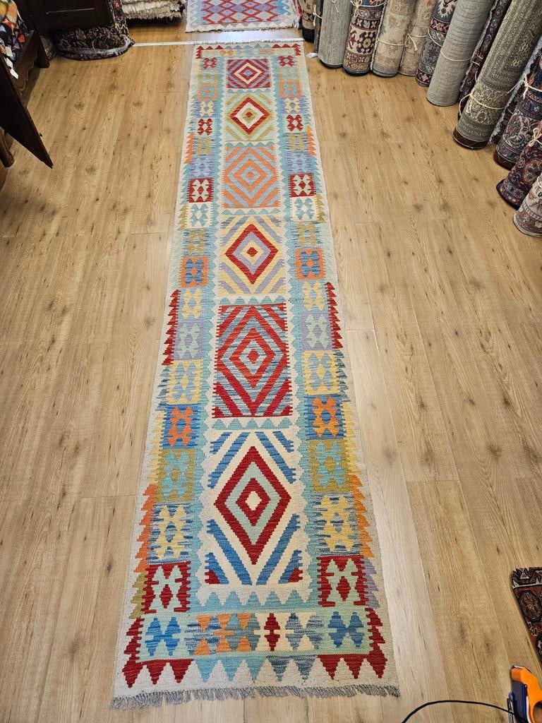 Handgeweven oosterse wollen kelim loper 400x80, Info@SlatsAntiek.nl, Crème, Vof Slats Antiek, Kelim