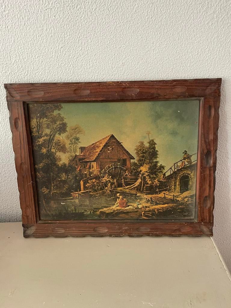 Vintage Schilderij Watermolen Houten Lijst, Antiek en Kunst, Ophalen