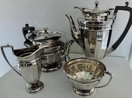 Art Deco Koffie- en Theeservies Roberts & Belk, Antiek en Kunst, Antiek | Goud en Zilver, Zilver, Ophalen of Verzenden