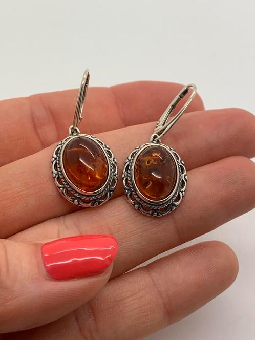 V815 Prachtige zilveren oorbellen barnsteen, Sieraden, Tassen en Uiterlijk, Oorbellen, Hangers, Zilver, Zilver, Met edelsteen