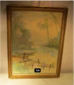 Mooi Oud Aquarel 'Vrouw aan de Steiger' - F Joseph, Antiek en Kunst, Kunst | Schilderijen | Klassiek, Ophalen of Verzenden