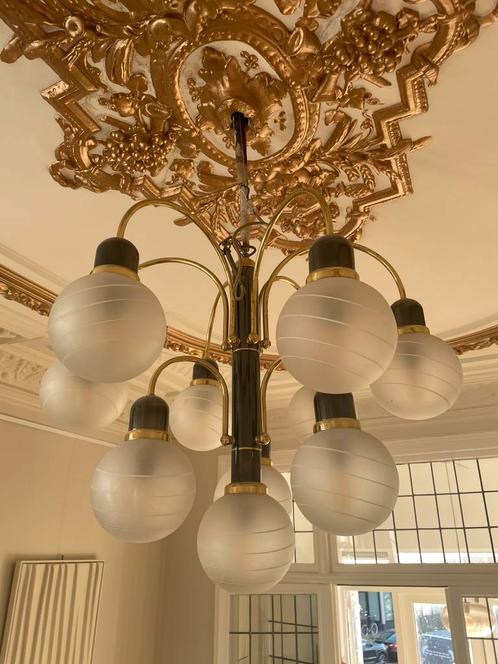 Vintage messing kroonluchter, Huis en Inrichting, Lampen | Kroonluchters, Gebruikt, Glas, Kunststof, Metaal, Ophalen