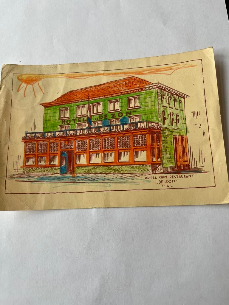 Ansichtkaart Tiel Hotel  de Zon,, Verzamelen, Ansichtkaarten | Nederland, Ophalen of Verzenden, 1940 tot 1960, Gelopen, Gelderland