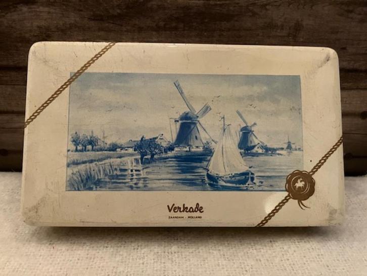 Vintage blik Verkade Holland - blauw/crème - brocante, Verzamelen, Blikken, Gebruikt, Koek(jes), Verkade, Verzenden