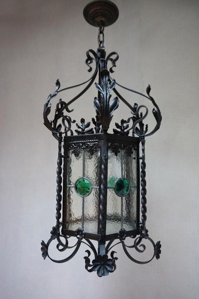 Antieke glas in lood Hallamp - Lantaarn - Kasteellamp, Antiek en Kunst, Antiek | Lampen, Ophalen