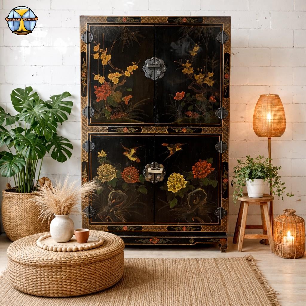 Vintage zwarte Chinese lak kast bloemen en vogels / bohemian, ., 100 tot 150 cm, ., Oosters / Aziatisch / vintage / bohemian