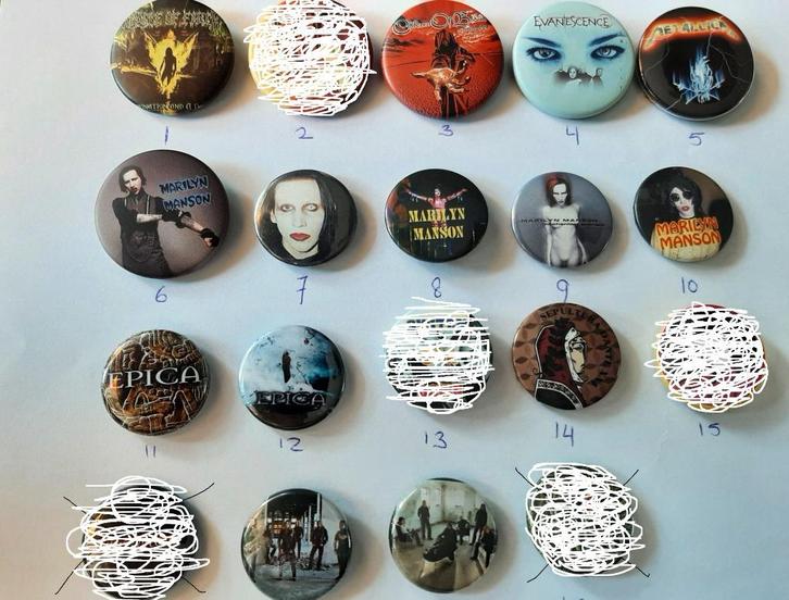 14 buttons Rock bands etc. Epica, Marilyn Manson etc., Verzamelen, Speldjes, Pins en Buttons, Zo goed als nieuw, Button, Overige onderwerpen