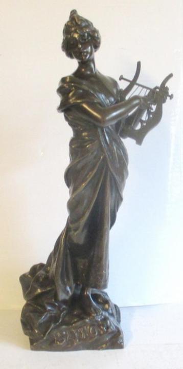 originele brons jonge dame met harp Sapho Villanis beschikbaar voor biedingen