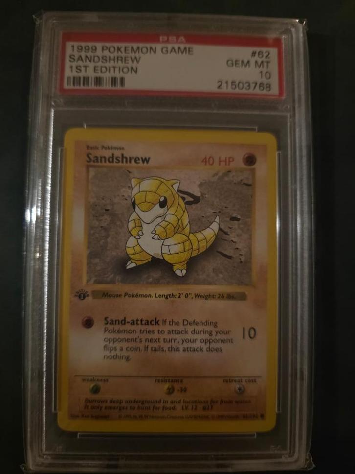 Sandshrew 1st Edition Shadowless PSA 10, Hobby en Vrije tijd, Verzamelkaartspellen | Pokémon, Nieuw, Ophalen of Verzenden