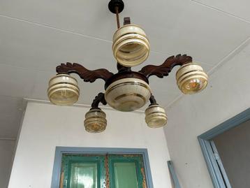 Vintage Houten Hanglamp met Glas beschikbaar voor biedingen