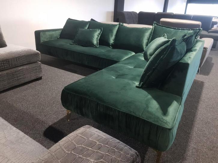 Nieuwe trendy hoekbank loungebank groen velours stof, Huis en Inrichting, Banken | Bankstellen, Nieuw, Vierpersoons of meer, 150 cm of meer