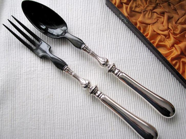 Elegant antiek slacouvert / slabestek zilver + zwart hoorn, Antiek en Kunst, Antiek | Bestek, Ophalen of Verzenden