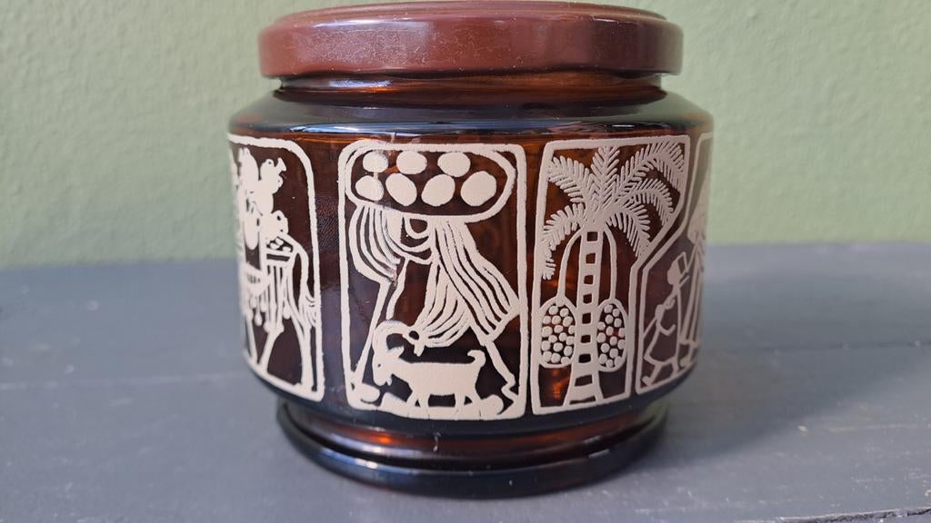 Vintage bruine glazen pot met deksel, Overige kleuren, Onbekend, Ophalen of Verzenden, Onbekend