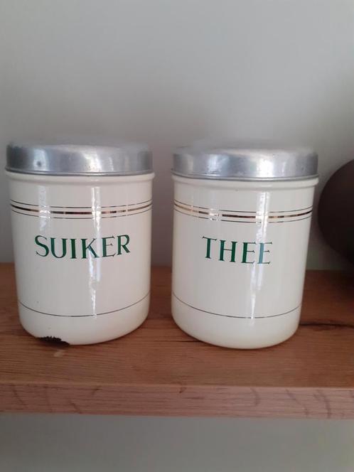 2 emaille voorraadbussen voor suiker en thee, Antiek en Kunst, Antiek | Emaille, Ophalen of Verzenden