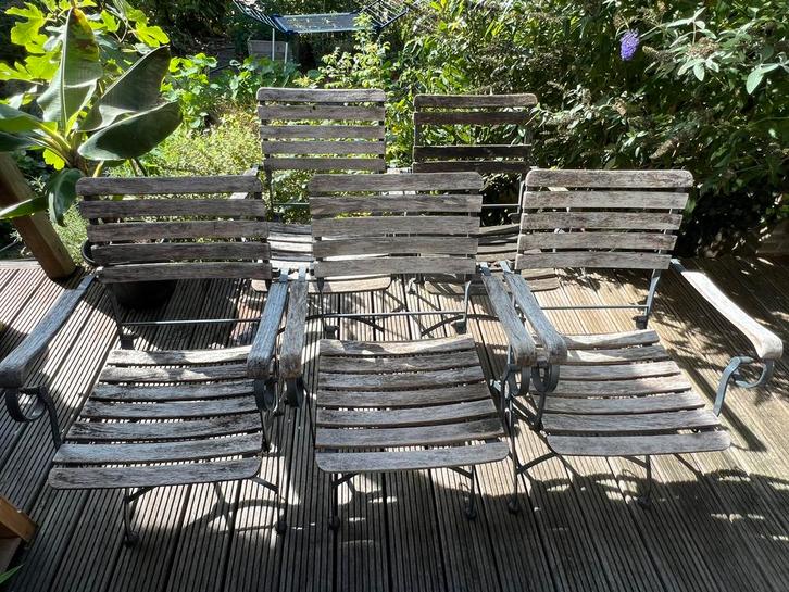 5 Franse bistrostoelen / tuinstoelen met armleuningen, Tuin en Terras, Tuinstoelen, Gebruikt, Metaal, Inklapbaar, Ophalen