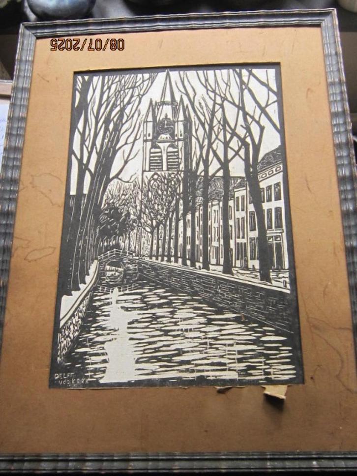 Opknap Houtsnede DELFT OUDEKERK Kartellijst zonder glas, Antiek en Kunst, Kunst | Etsen en Gravures, Ophalen