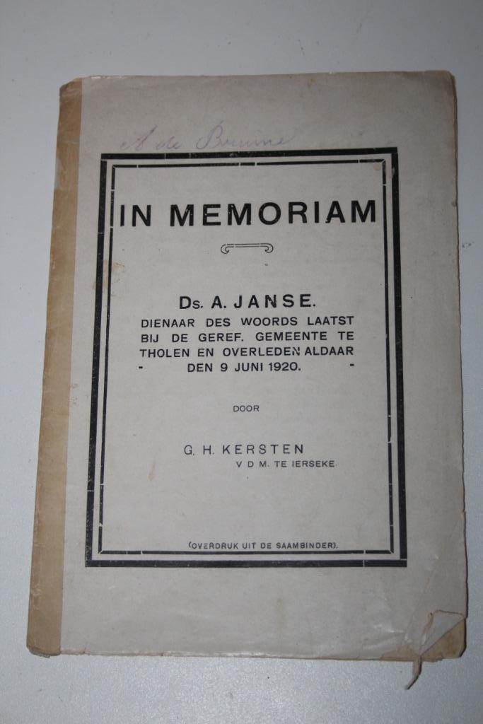 In Memoriam Ds. A. Janse, door Ds. G.H. Kersten (1920), Boeken, Godsdienst en Theologie, Gelezen, Christendom | Protestants, Ophalen of Verzenden