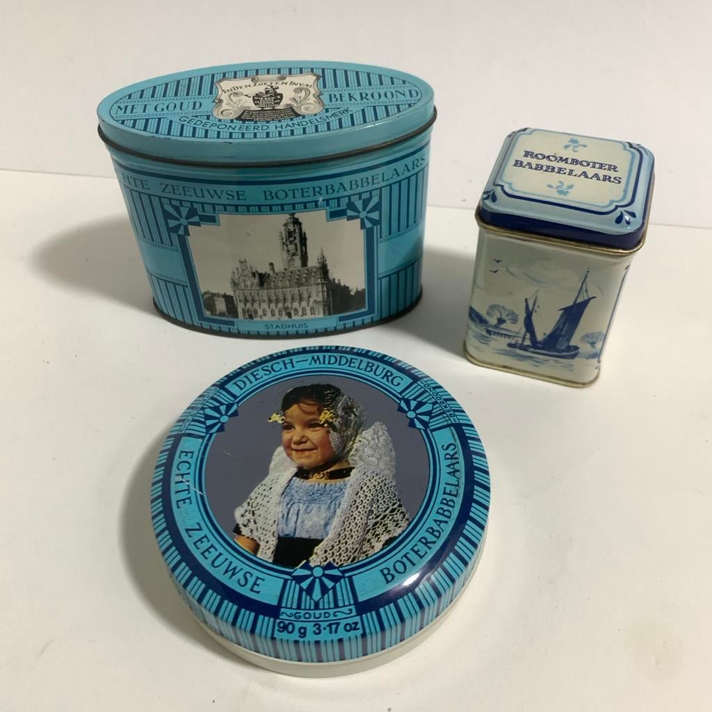 3 Vintage Blikken Zeeuwse roomboter babbelaars