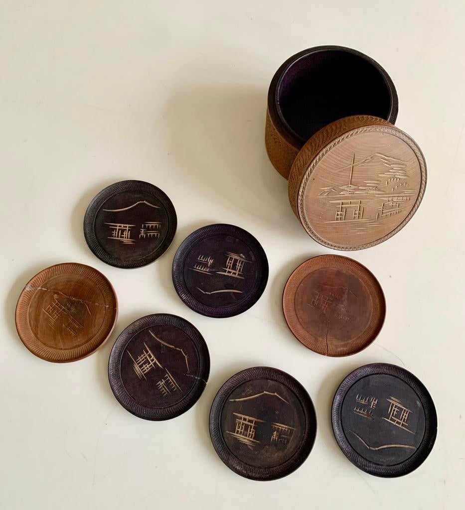 Japans jaren ‘60 kersen houten onderzetter set,, Ophalen of Verzenden
