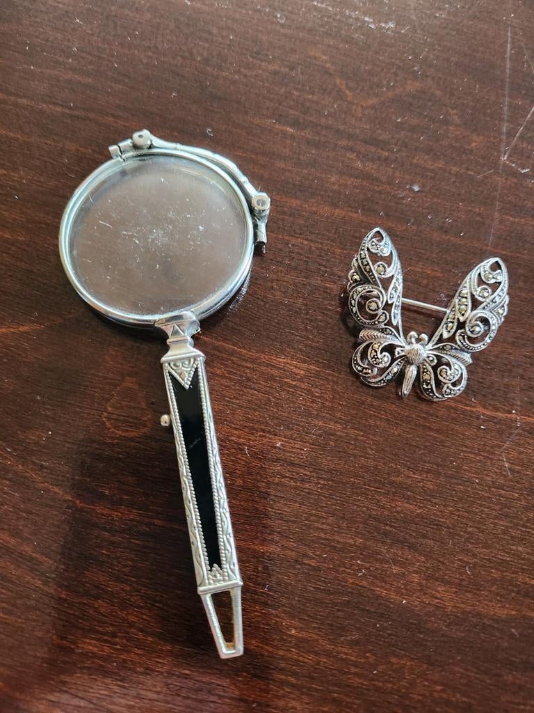 Vintage onyx en  platin L Orgnette  & Broche Vlinder, 4 tot 7 cm, Gebruikt, Ophalen of Verzenden, Zilver