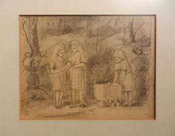 Tekening Meisjes in park Harm Kamerlingh Onnes 1948 15x19,5 beschikbaar voor biedingen