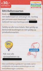 BAS Ballonvaarten. € 30,- korting pp. Postcodeloterij bon., Tickets en Kaartjes, Drie personen of meer, Kortingsbon