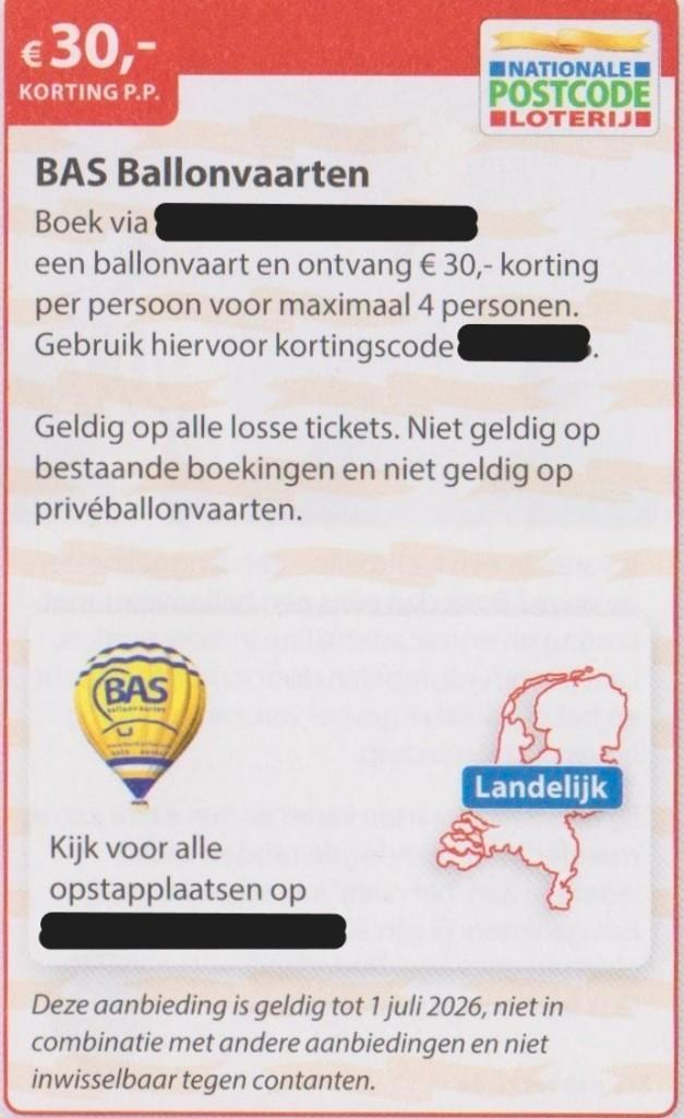 BAS Ballonvaarten. € 30,- korting pp. Postcodeloterij bon., Tickets en Kaartjes, Kortingen en Cadeaubonnen, Drie personen of meer