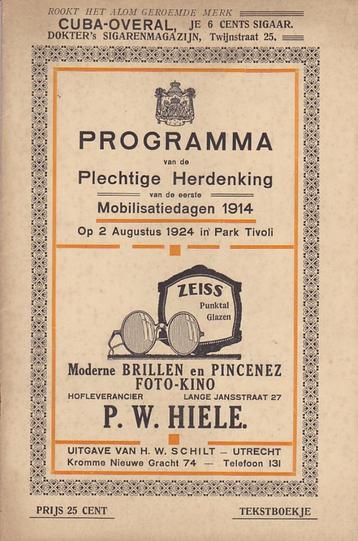Mobilisatie dagen programma herdenking 1914 1924 beschikbaar voor biedingen