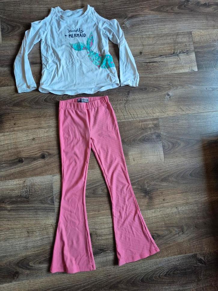 Legging flared roze met open schouders sweater shirt, Kinderen en Baby's, Kinderkleding | Maat 140, Zo goed als nieuw, Meisje