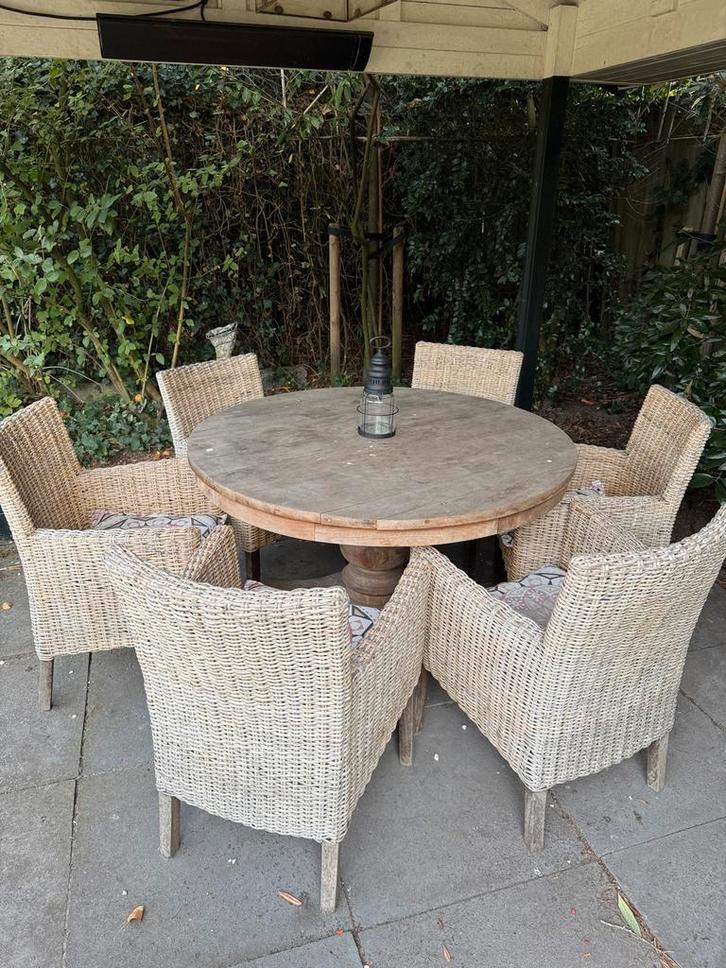 Teak Tuinset met Rotan Stoelen, Tuin en Terras, Tuinsets en Loungesets, Gebruikt, Tuinset, Teakhout, 6 zitplaatsen, Eettafel, Ophalen