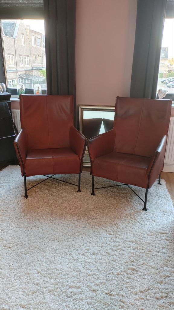 Montis Charly fauteuils in bruin leder., Huis en Inrichting, Fauteuils, Gebruikt, Leer, Metaal, 50 tot 75 cm, 75 tot 100 cm, Ophalen of Verzenden