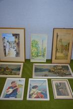 8 oude diverse schilderijtjes uit jaren 50/60: vissende dame, Ophalen of Verzenden