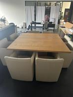 Massief Eiken Tafel 160x160 + 8 Lederen Stoelen, Ophalen, Gebruikt, 125 cm of meer, 150 cm of meer