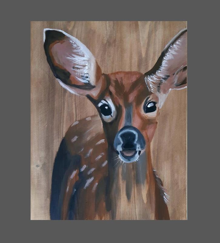 Een prachtig handgeschilderd schilderij van een lief hertje., Huis en Inrichting, Woonaccessoires | Wanddecoraties, Nieuw, Ophalen of Verzenden